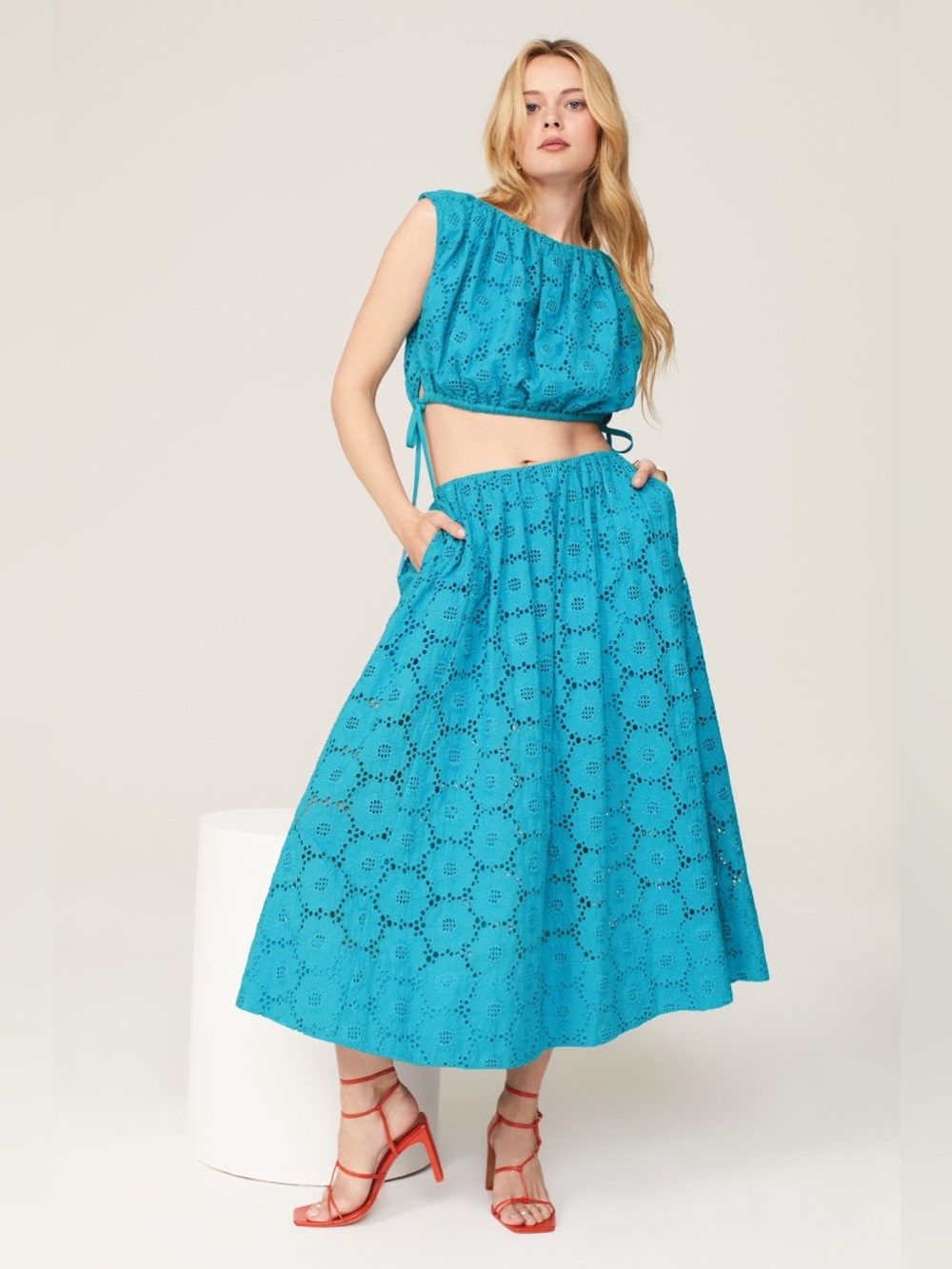 Tanya Taylor Maria Top Sienna Skirt Set Size XXS/XS Eyelet Turquoise Blue